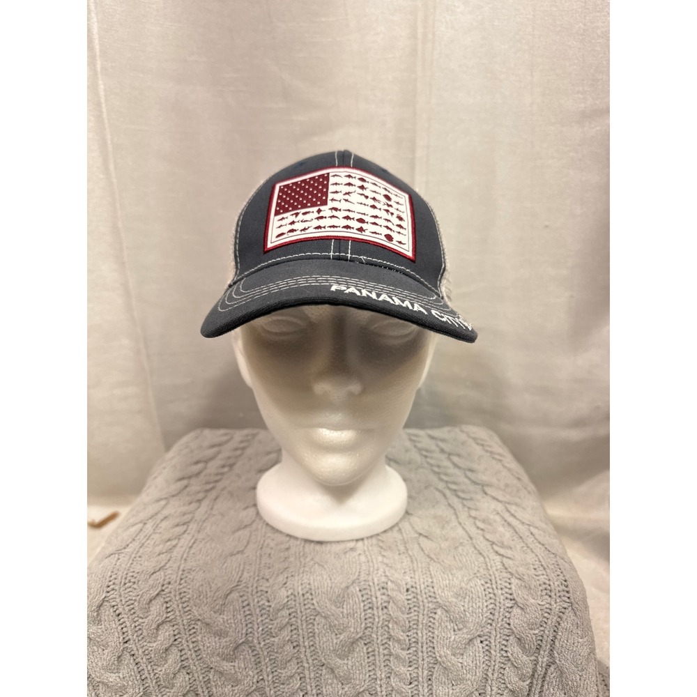 Alvins Island Panama City Beach FL Fishing American Flag Trucker Hat Navy Blue
